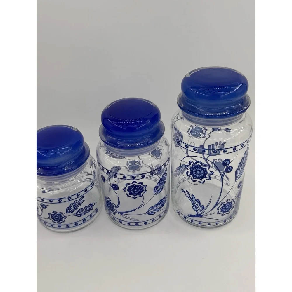 Anchor Hocking Glass Pietro Gobeo Set Of 3 Blue Kitchen Canister Flower 1970s